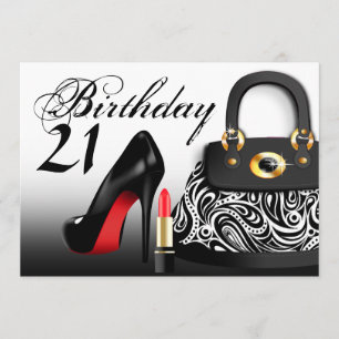 Edle Handtasche, hohe Absätze und Lippenstift 21. Einladung