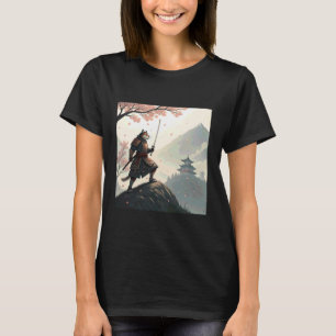 Edle Samurai-Katze mit Katana zwischen Blütenblätt T-Shirt