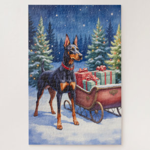 Edler Dobermann bewacht Weihnachtsschlitten im Win