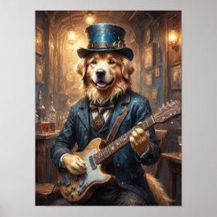 Edler Golden Retriever spielt Gitarre in der Kneip Poster