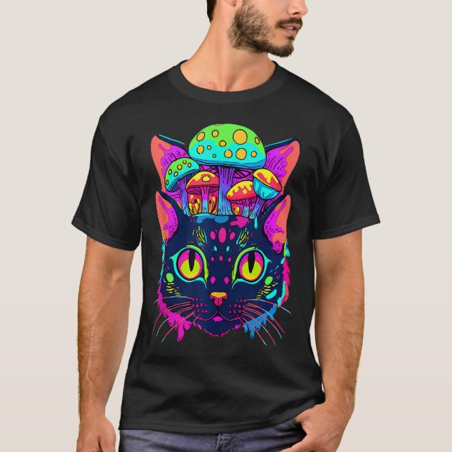 Edm Rave Trippy Cat Mushroom Psychedelic Festival T-Shirt (Vorderseite)