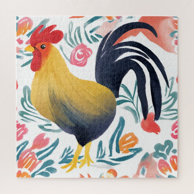 Edna der Hahn | Aquarell-Blumen-Huhn (Vertikal)