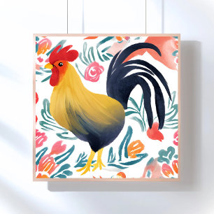 Edna der Hahn   Aquarell-Blumen-Huhn Poster