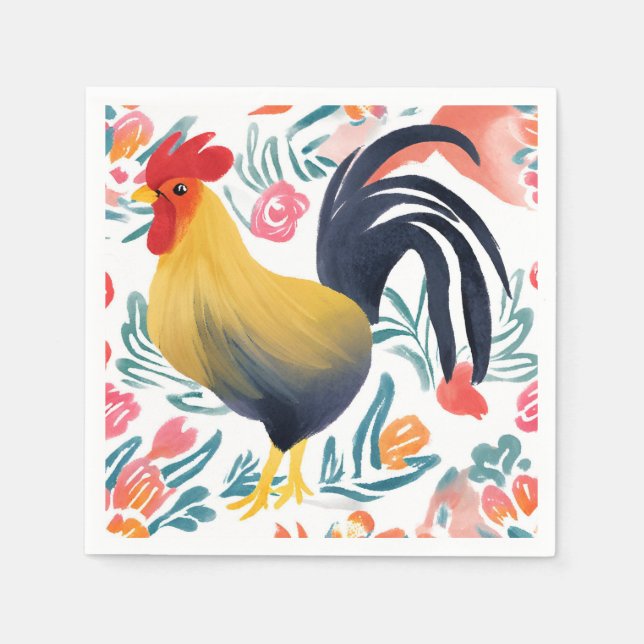 Edna der Hahn | Aquarell-Blumen-Huhn Serviette (Vorderseite)