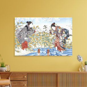 Edo-Zeit-Ukiyo-e-Frauen Blauer Fluss Gelbe Blumen Leinwanddruck