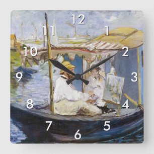 Edouard Manet - Monet in seinem Atelierboot Quadratische Wanduhr