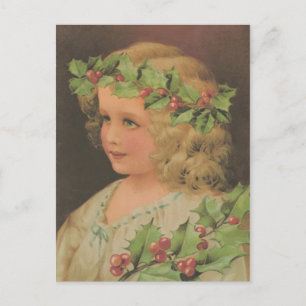 Edwardian Child Holly Christmas Postcard Feiertagspostkarte