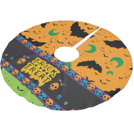 Eerie Bats und Moon Orange Green Halloween Skulls Polyester Weihnachtsbaumdecke