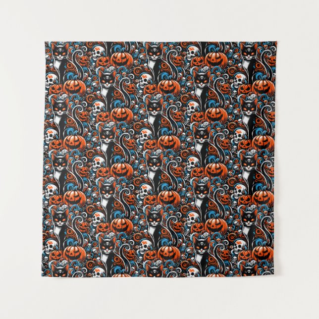 Eerie Cat Skulls Halloween Wandteppich (Vorderseite)