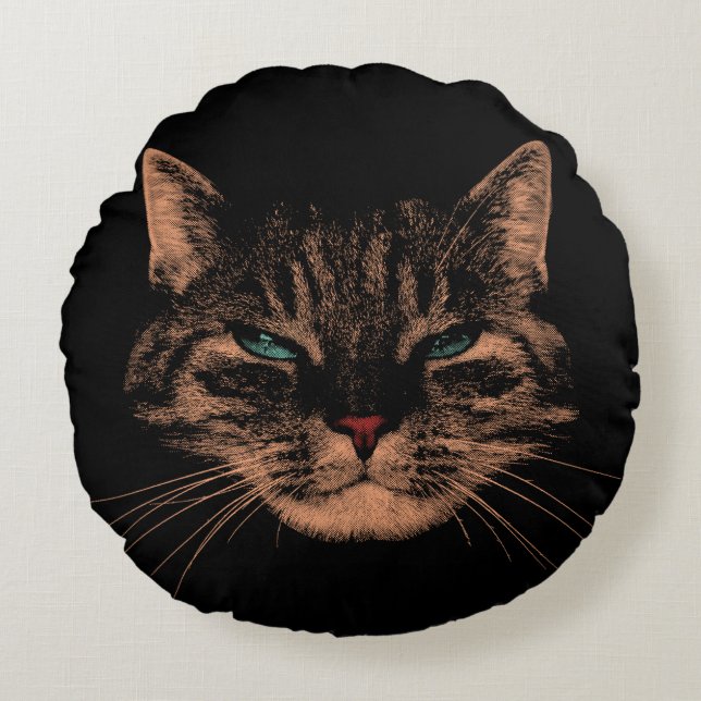 Eerie Eyes Cat Petrifying Purren Halloween Cat Rundes Kissen (Vorderseite)
