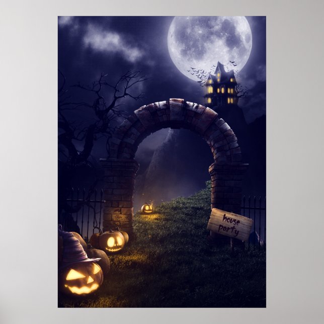 Eerie Halloween Night Full Moon & Spuk House | Poster (Vorne)