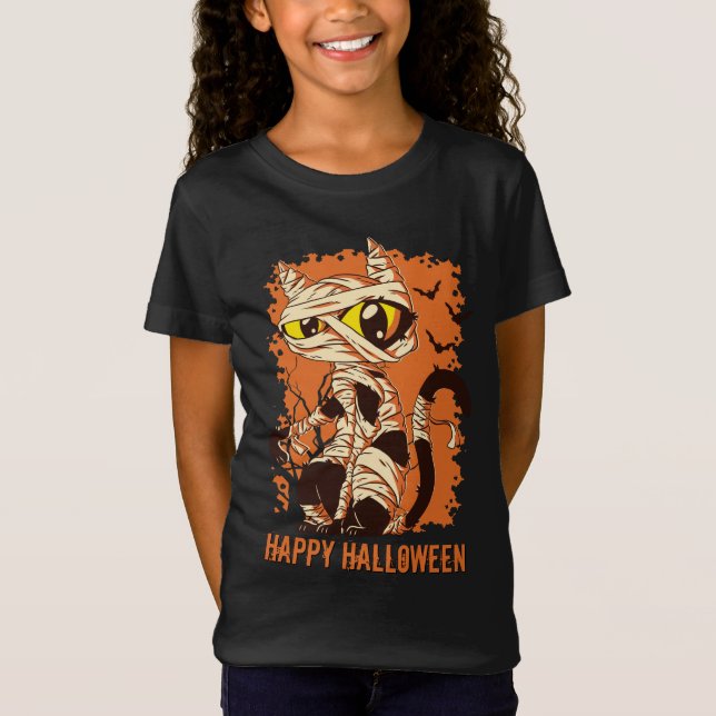 Eerie Mummy Cat Happy Halloween T-Shirt (Vorderseite)