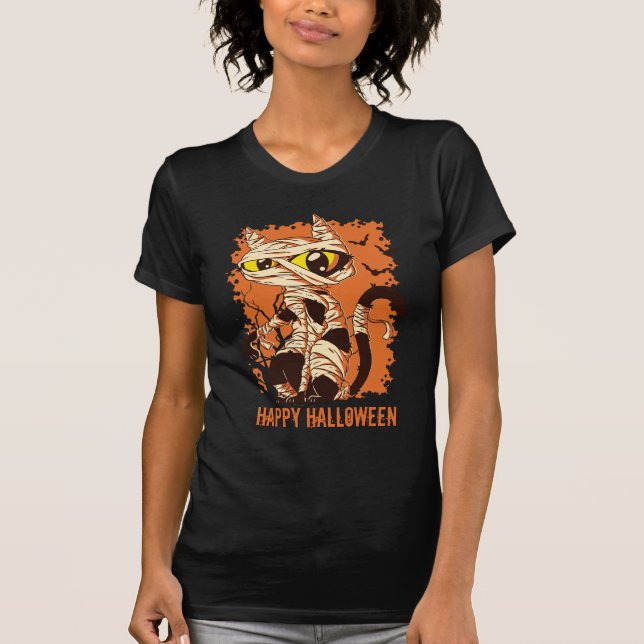 Eerie Mummy Cat Happy Halloween T-Shirt (Vorderseite)