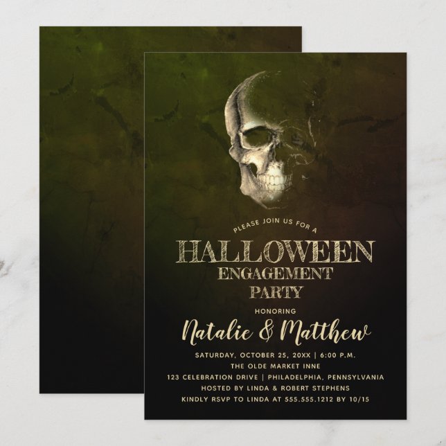 Eerie Night Skull Halloween Engagement Party Invii Einladung (Vorne/Hinten)