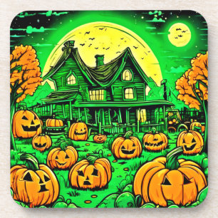 Eerie Nightfall: Halloween Cartoon Pumpkin Patch Getränkeuntersetzer