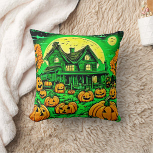 Eerie Nightfall: Halloween Cartoon Pumpkin Patch Kissen