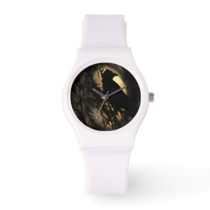 Eerie Raven Silhouette gegen den blühenden Mond Armbanduhr