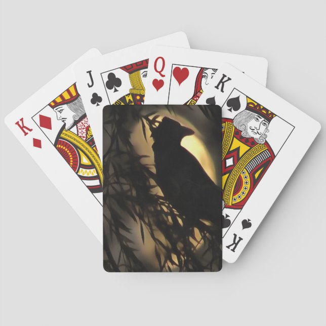 Eerie Raven Silhouette gegen den blühenden Mond Spielkarten (Rückseite)