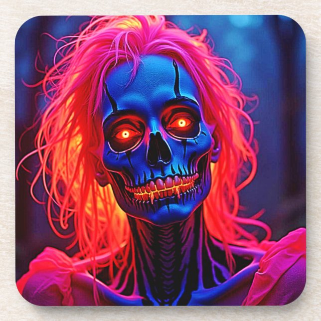Eerie Skeleton mit rosa Haarentwerfen Getränkeuntersetzer (Vorderseite)