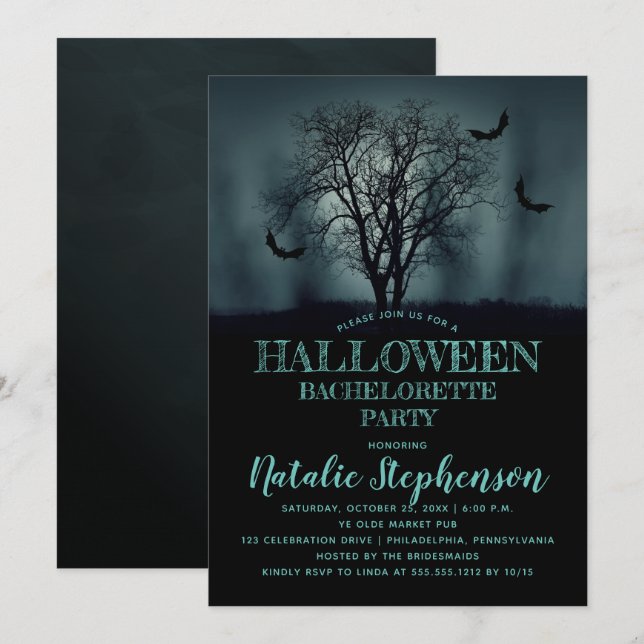 Eerie Tree Bats Night Halloween Junggeselinnen-Abs Einladung (Vorne/Hinten)