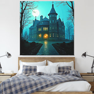 Eerie Viktorianisch Mansion Moonlight Leinwanddruck