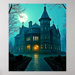 Eerie Viktorianisch Mansion Moonlight Poster