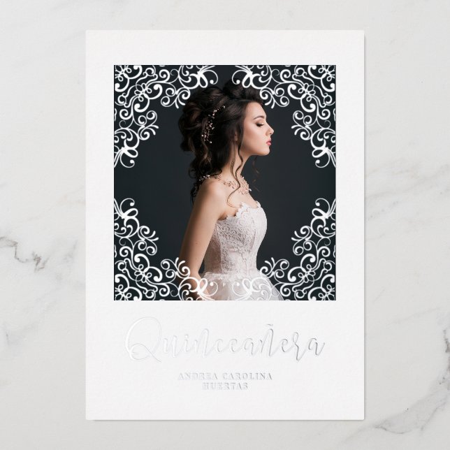 Efecto Metálico Plateado Real Foto Quinceañera Folieneinladung (Vorderseite)