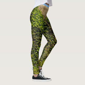 Efeu bedeckte Steinwand mit Leggings des blauen