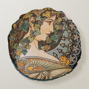 Efeu-Haar-Mädchen-Gemälde von Alphonse Mucha Rundes Kissen