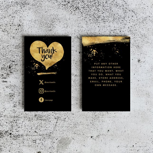 Effet or client merci coeur insert Carte (A black insert card with a gold heart saying "Thank you" and social media details beneath it.)