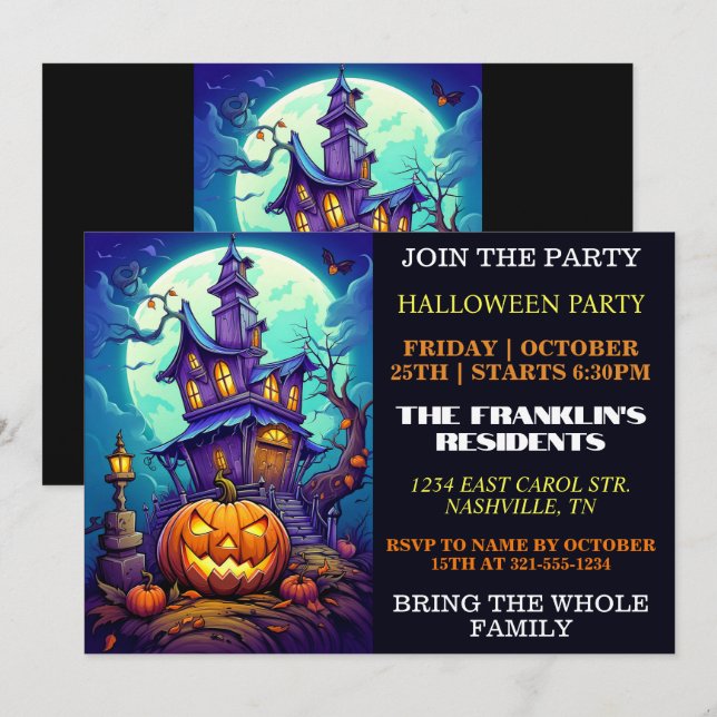Éffrayant Haunted House Halloween Invitations de l (Devant / Derrière)