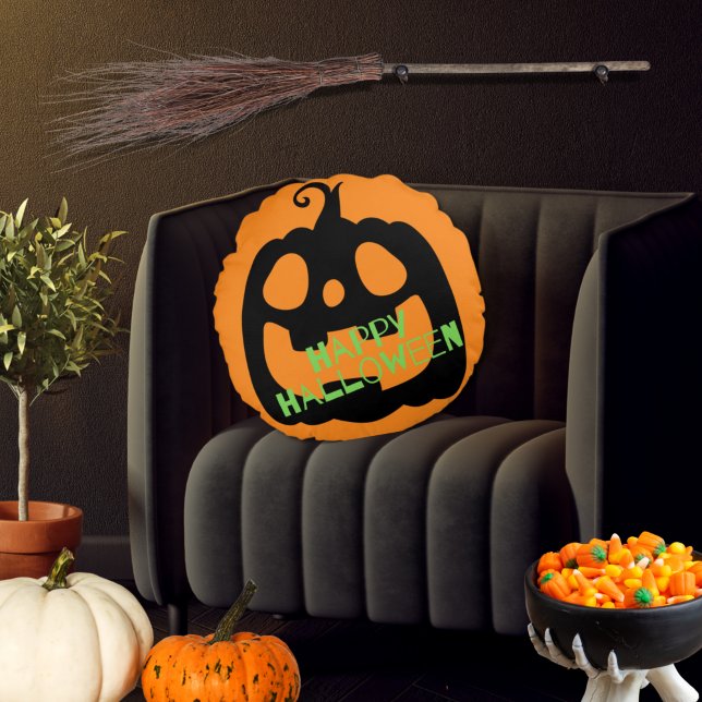 Éffrayant Joyeux Citrouille Halloween Coussin rond (Créateur téléchargé)