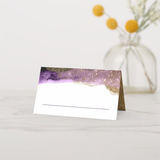 Eggpflanze Lila und Gold Glitzer Moderne Wasserfar Platzkarte (Vorderseite)