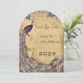 Eggplant Aqua Peacock Vintag 3 Feathers Einladung