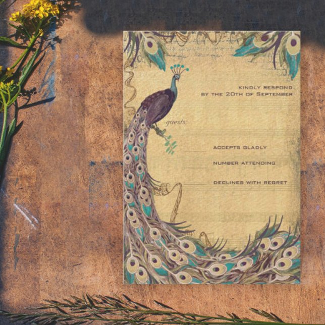 Eggplant Aqua Peacock Vintag 3 Feathers RSVP Karte (Von Creator hochgeladen)