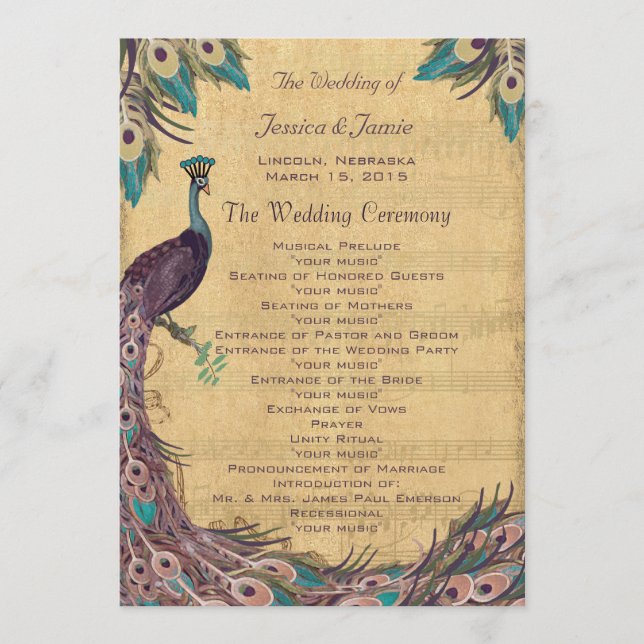 Eggplant Aqua Vintage Peacock Wedding Programme (Devant)