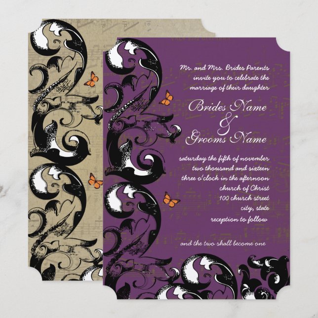 Eggplant Gold Metallic Butterfly Swirl Wedding Einladung (Vorne/Hinten)