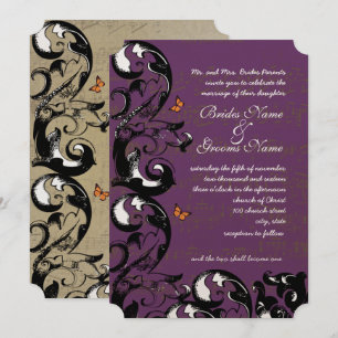 Eggplant Gold Metallic Butterfly Swirl Wedding Einladung