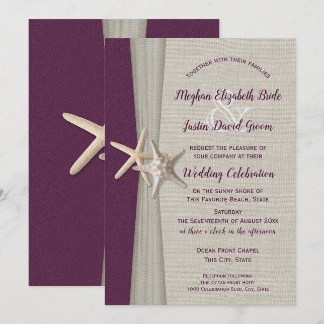 Eggplant Grey Starfish Beach Hochzeit Einladung (Vorne/Hinten)