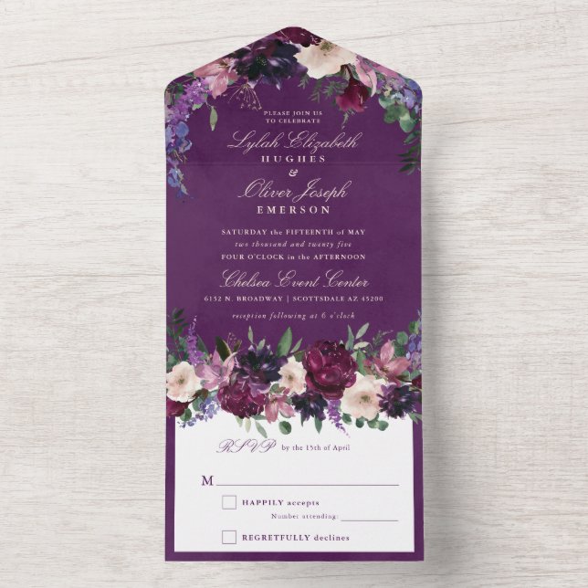 Eggplant Lila Blumenhochzeit All In One Einladung (Innen Boden)