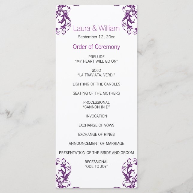 Eggplant Lila Damask Wedding Program Programm (Vorderseite)