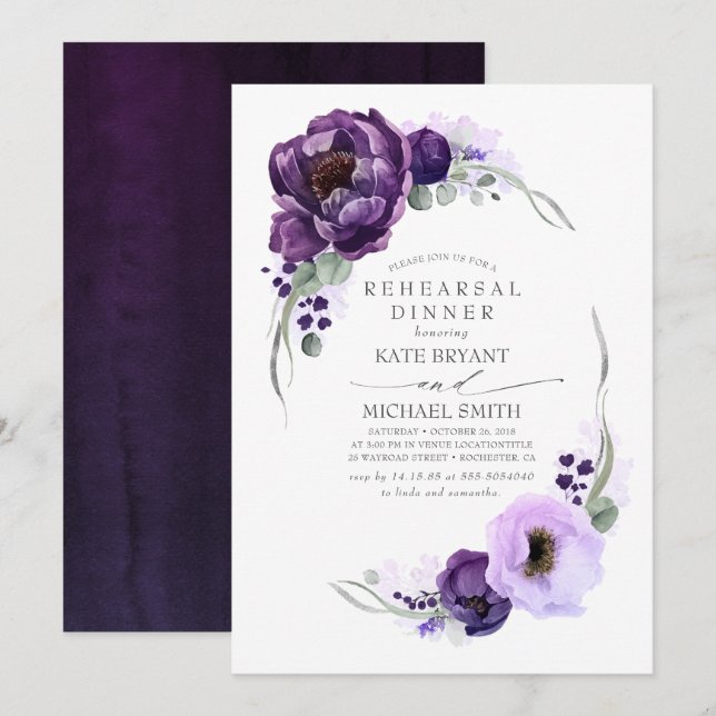 Eggplant Lila floral Modernes Probe Abendessen Einladung (Vorne/Hinten)