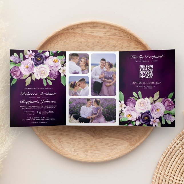 Eggplant Lila Floral QR Code Dunkle Moody Wedding Dreifach Gefaltete Einladung (Von Creator hochgeladen)