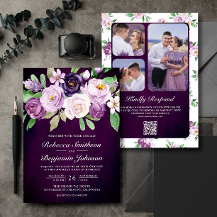 Eggplant Lila Floral QR Code Dunkle Moody Wedding Einladung
