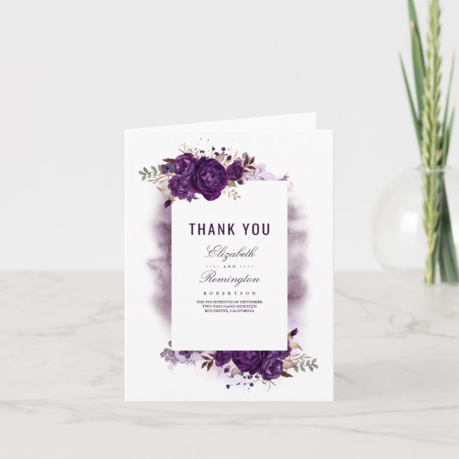 Eggplant Lila Floral Wedding Vielen Dank Dankeskarte (Vorderseite)