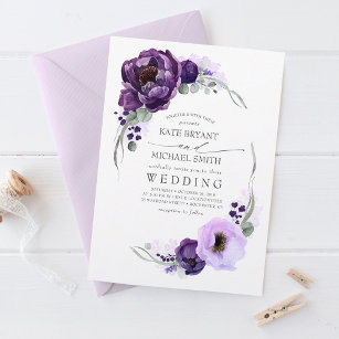 Eggplant Lila Peony and Greenery Silver Wedding Einladung