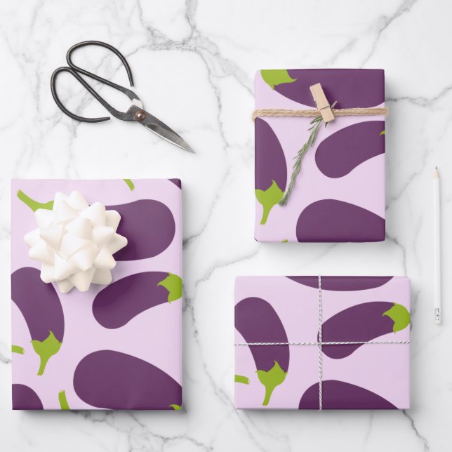 Eggplant Lila Pflanzenmuster Geschenkpapier Set (Vorderseite)