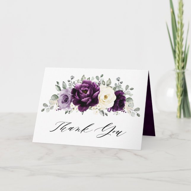Eggplant Lila Plum Elfenbeinblütenhochzeit Dankeskarte (Vorderseite)