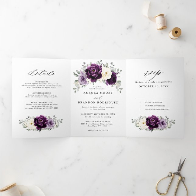 Eggplant Lila Plum Elfenbeinblütenhochzeit Dreifach Gefaltete Ankündigung (Innenseite)