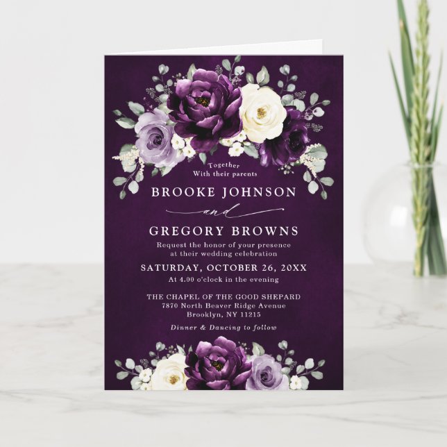 Eggplant Lila Plum Elfenbeinblütenhochzeit Einladung (Vorderseite)
